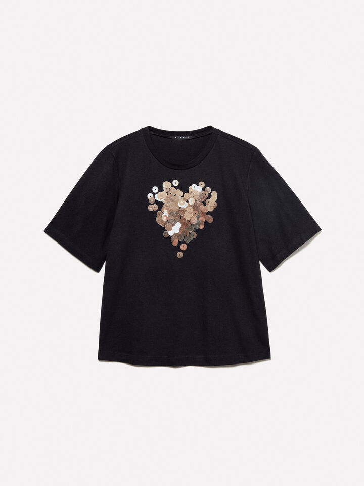 Black t-shirt with heart print - women's short sleeve t-shirts - Black | Sisley image number 6